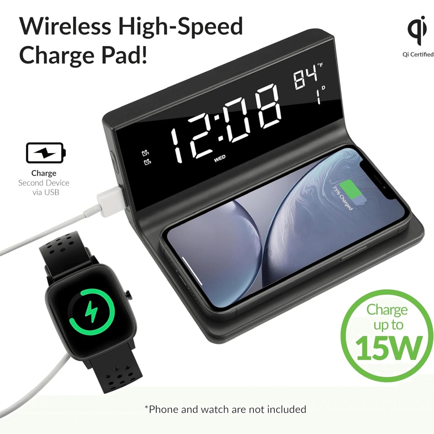 Supersonic Dual Alarm Clock with Integrated 2-In-1 Wireless Charger