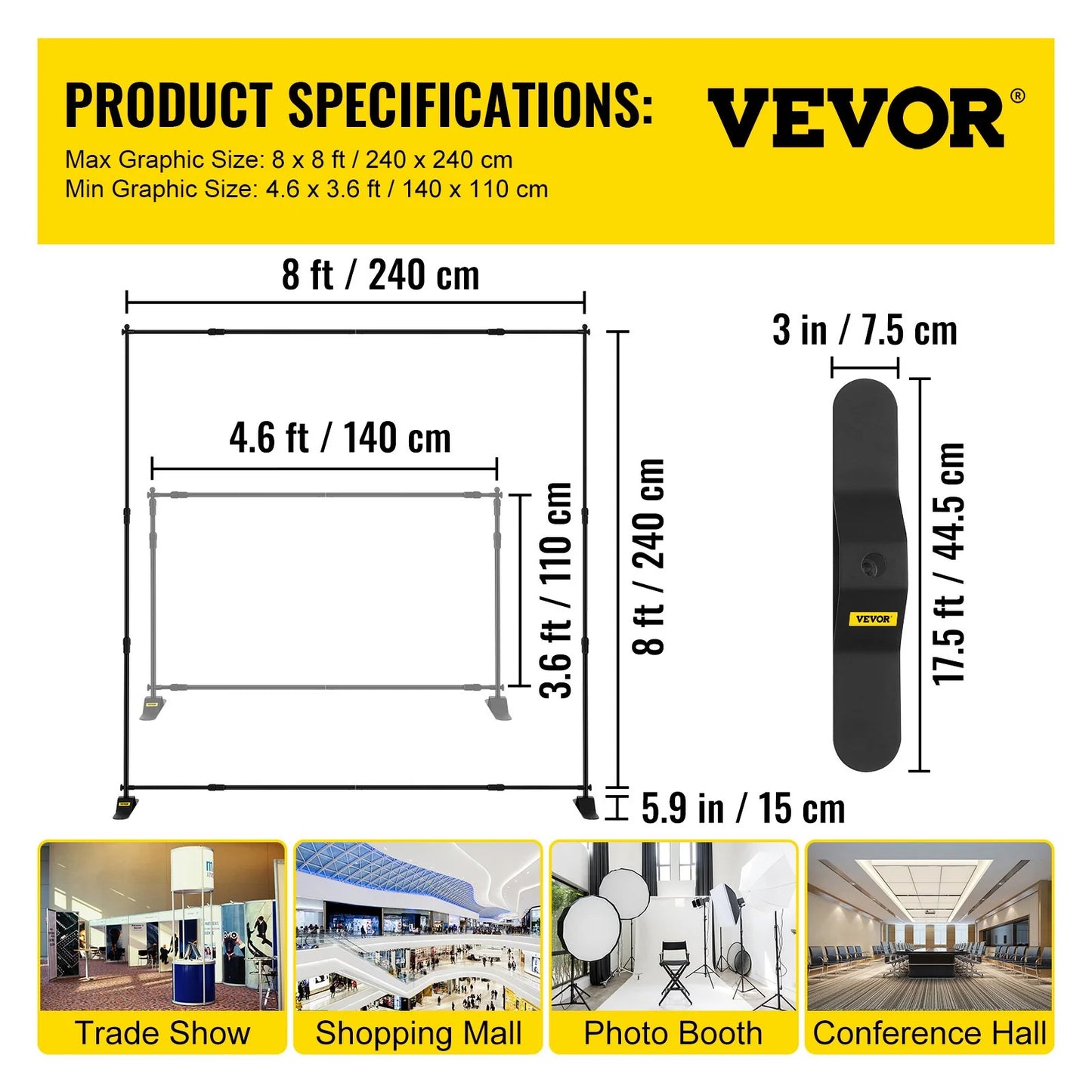 VEVOR 8' x 8' Adjustable Telescopic Backdrop Banner Stand - Retractable Step and Repeat Display with Carrying Bag