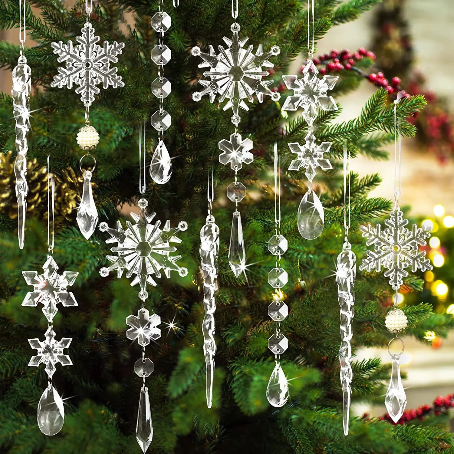 10-Piece Acrylic Ice Strip Snow Hanging Ornaments for Christmas Tree and Home Decor