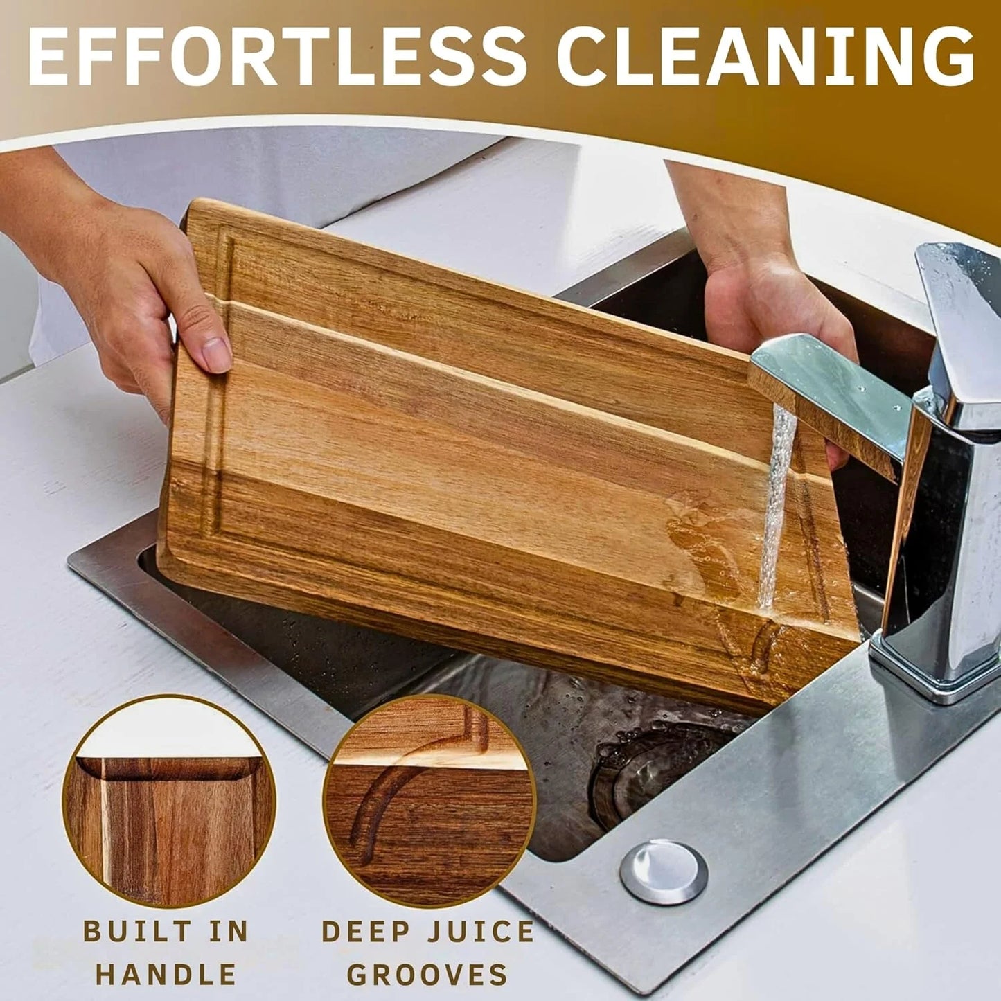 Acacia Wood Cutting Board Set of 3 with Holder | Non-Toxic, Non-Slip Silicone Pads, Deep Juice Grooves & Handles | Perfect for Meat, Vegetables & Charcuterie – Elegant Kitchen Gift