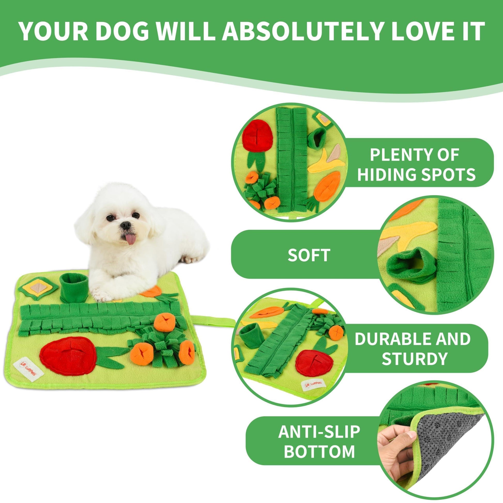 Soft Foraging Snuffle Mat for Small Pets - 19x19 Inch Washable Anti-Slip Puzzle Toy for Dogs, Cats, Rabbits, Guinea Pigs, and Hamsters (Medium)