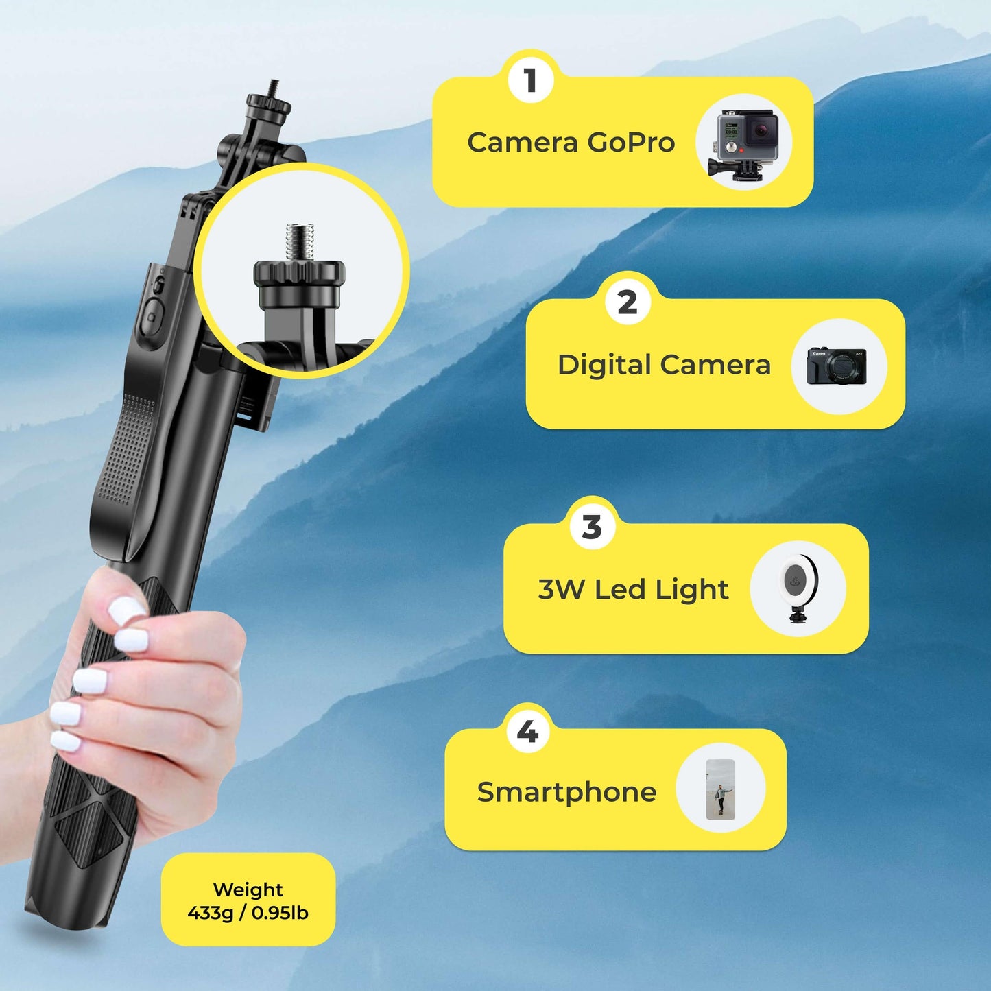 Professional Phone Tripod and Selfie Stick with Remote Control and 3W LED Light, Universal Mount for iPhone, Android, and GoPro - Ideal for Recording and Streaming