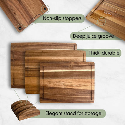 Acacia Wood Cutting Board Set of 3 with Holder | Non-Toxic, Non-Slip Silicone Pads, Deep Juice Grooves & Handles | Perfect for Meat, Vegetables & Charcuterie – Elegant Kitchen Gift