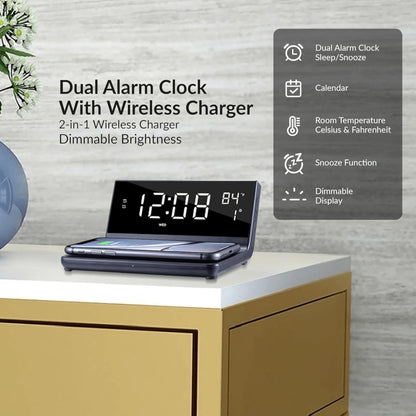 Supersonic Dual Alarm Clock with Integrated 2-In-1 Wireless Charger