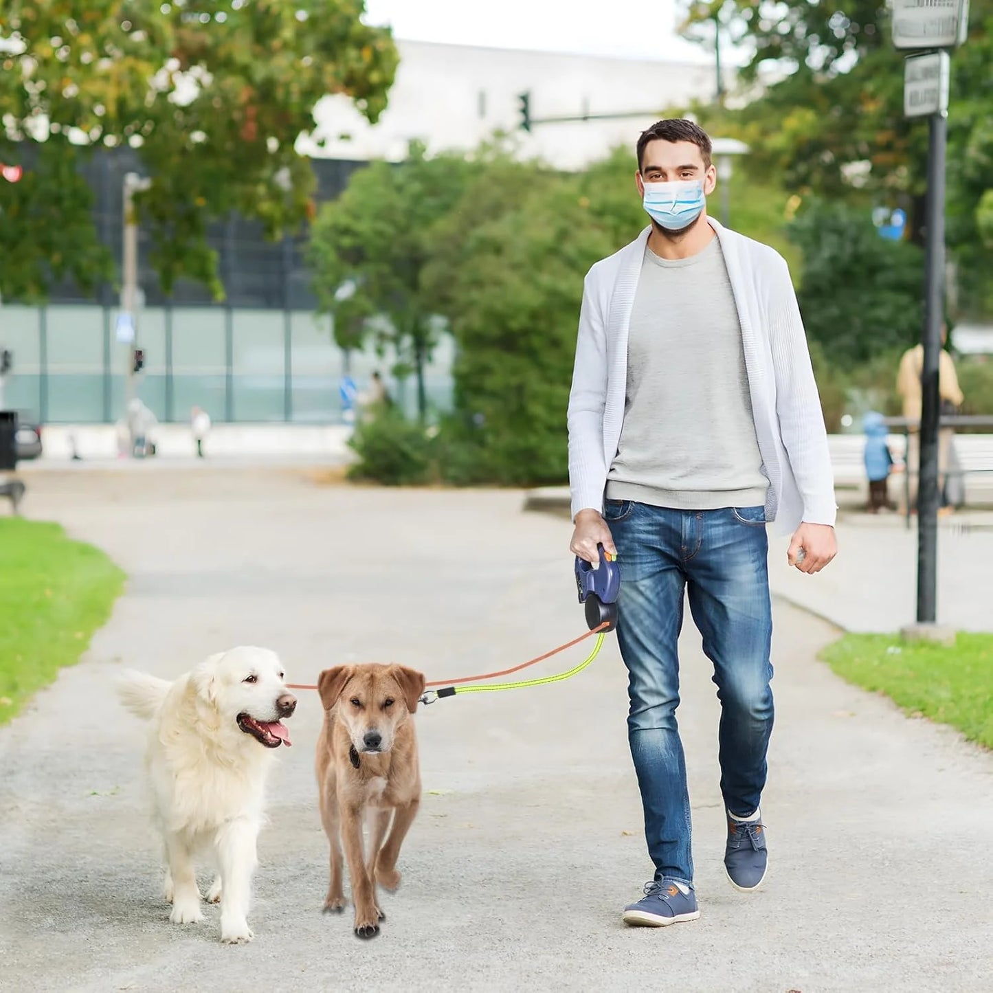 Dual Pet Retractable Leash with Reflective Features and 360-Degree Swivel for Double Dog Walking