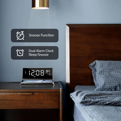 Supersonic Dual Alarm Clock with Integrated 2-In-1 Wireless Charger