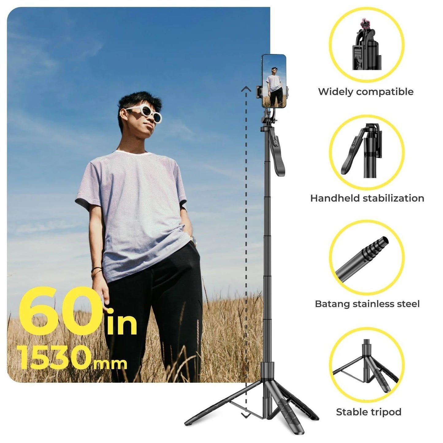 Professional Phone Tripod and Selfie Stick with Remote Control and 3W LED Light, Universal Mount for iPhone, Android, and GoPro - Ideal for Recording and Streaming
