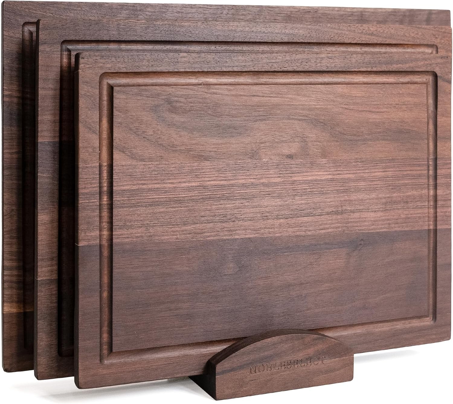 Acacia Wood Cutting Board Set of 3 with Holder | Non-Toxic, Non-Slip Silicone Pads, Deep Juice Grooves & Handles | Perfect for Meat, Vegetables & Charcuterie – Elegant Kitchen Gift