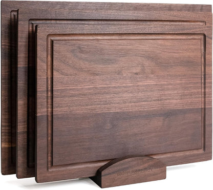 Acacia Wood Cutting Board Set of 3 with Holder | Non-Toxic, Non-Slip Silicone Pads, Deep Juice Grooves & Handles | Perfect for Meat, Vegetables & Charcuterie – Elegant Kitchen Gift