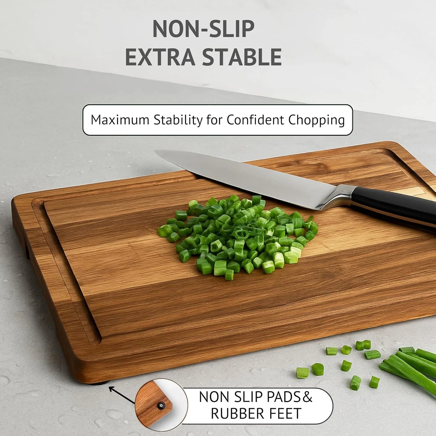Acacia Wood Cutting Board Set of 3 with Holder | Non-Toxic, Non-Slip Silicone Pads, Deep Juice Grooves & Handles | Perfect for Meat, Vegetables & Charcuterie – Elegant Kitchen Gift