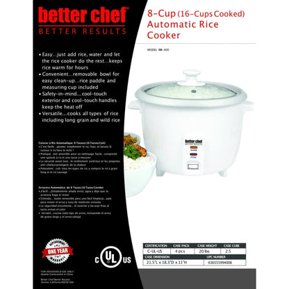 Better Chef 8-Cup Rice Cooker with Measuring Cup and Paddle, Capacity up to 16 Cups Cooked Rice