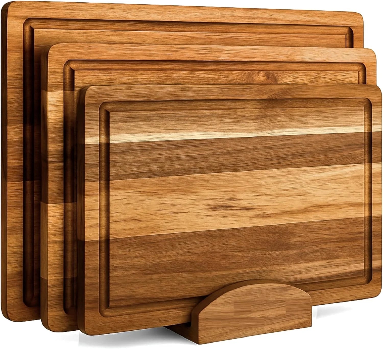 Acacia Wood Cutting Board Set of 3 with Holder | Non-Toxic, Non-Slip Silicone Pads, Deep Juice Grooves & Handles | Perfect for Meat, Vegetables & Charcuterie – Elegant Kitchen Gift