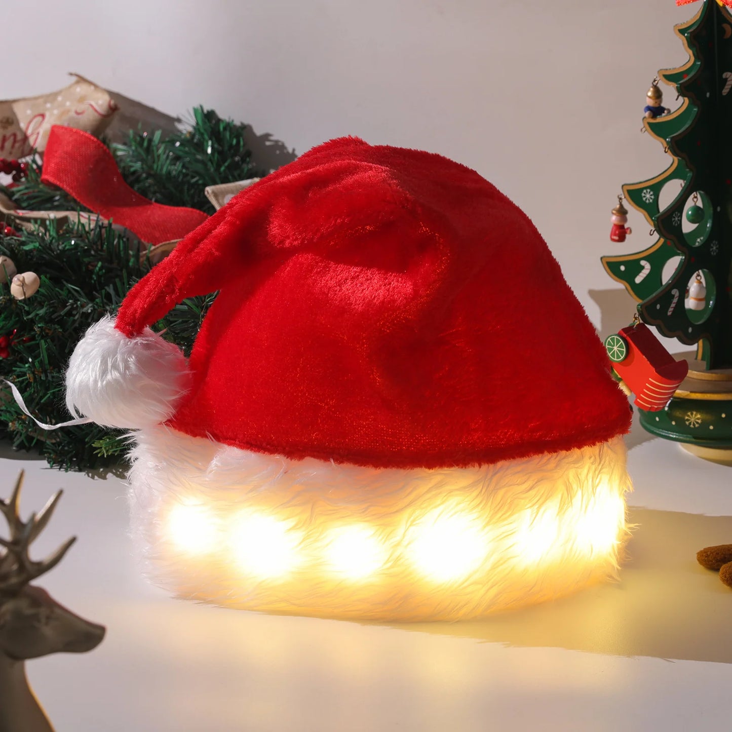 Luminous LED Santa Hat for Christmas - Plush Holiday Decor for Children and Adults