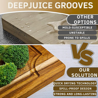 Acacia Wood Cutting Board Set of 3 with Holder | Non-Toxic, Non-Slip Silicone Pads, Deep Juice Grooves & Handles | Perfect for Meat, Vegetables & Charcuterie – Elegant Kitchen Gift