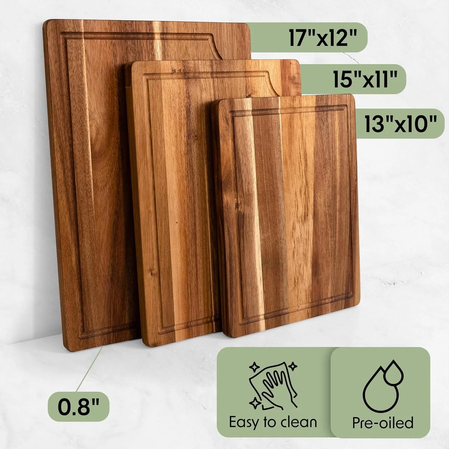 Acacia Wood Cutting Board Set of 3 with Holder | Non-Toxic, Non-Slip Silicone Pads, Deep Juice Grooves & Handles | Perfect for Meat, Vegetables & Charcuterie – Elegant Kitchen Gift